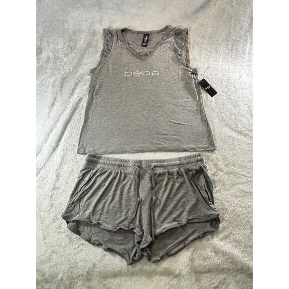 Bebe Sleepwear Women's XL Gray Shirt and Shorts Lounge Set W/ Bling and Lace NWT - Picture 7 of 10